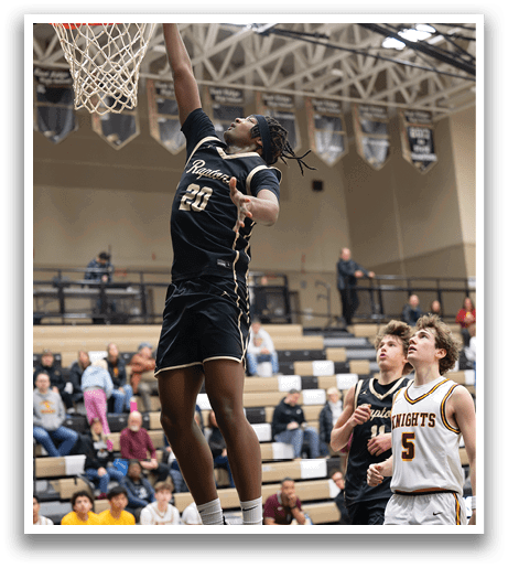 A basketball player is jumping in the air to catch the ball. AI generated content