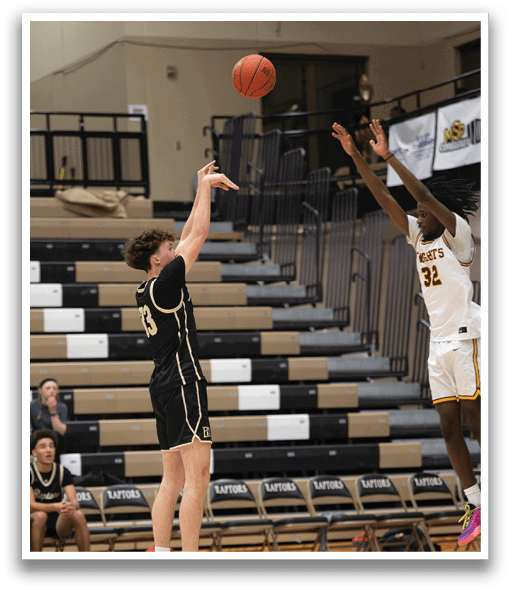 A basketball player jumps to catch a ball in a game. AI generated content
