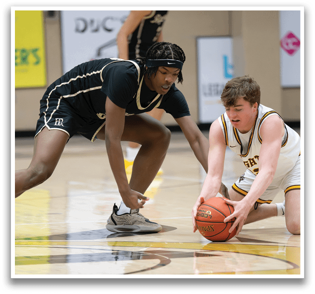 Two basketball players are on the court, one is trying to get the ball while the other is trying to stop him. AI generated content