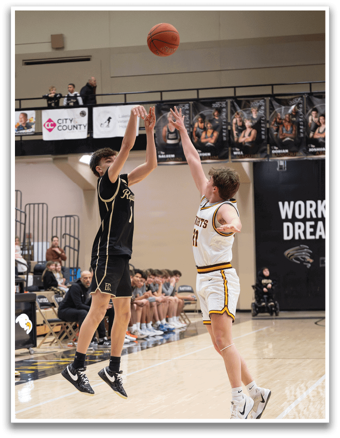 Two basketball players jumping for the ball. AI generated content