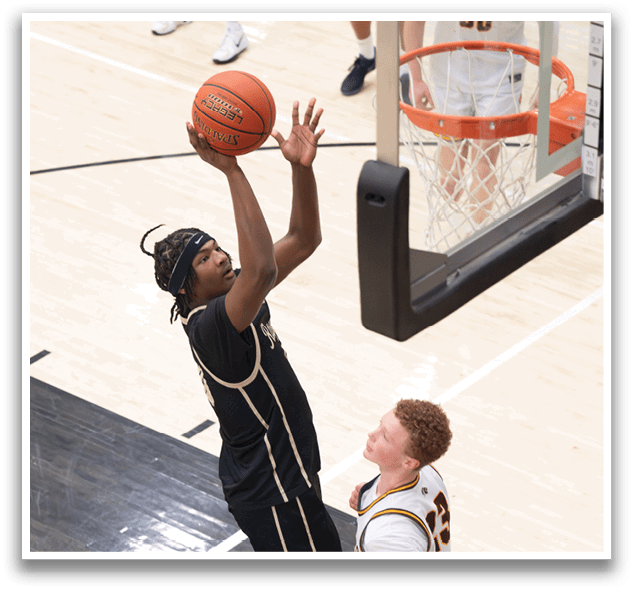 Two basketball players are on the court, one of them jumping to catch the ball. AI generated content
