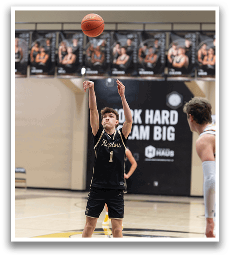 A basketball player is in the air, attempting to shoot the ball. AI generated content