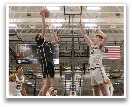 Two basketball players are fighting for a rebound, both jumping in the air to gain possession of the ball. AI generated content