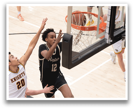Two basketball players are in the air, one trying to block the other's shot. AI generated content