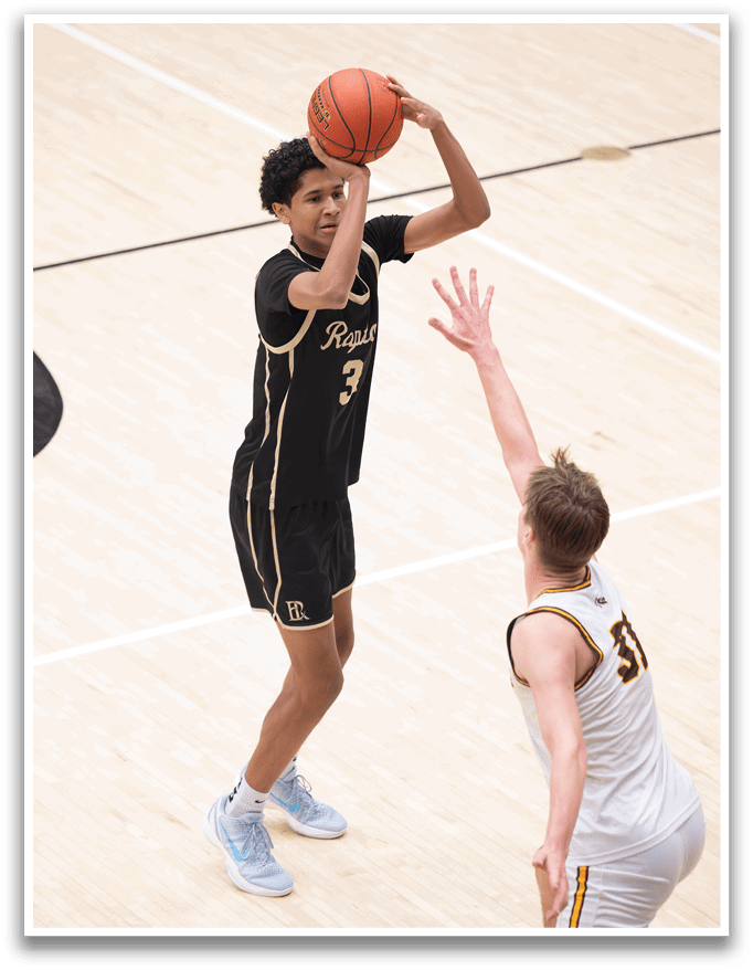 Two basketball players on a court, one holding a basketball and the other trying to block the shot. AI generated content