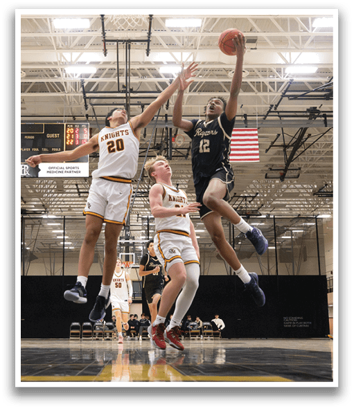 Two basketball players jumping for the ball, one with the number 20 on his jersey. AI generated content