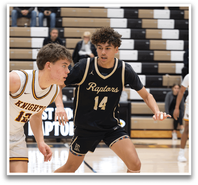 Two basketball players from opposing teams are running for the ball. AI generated content
