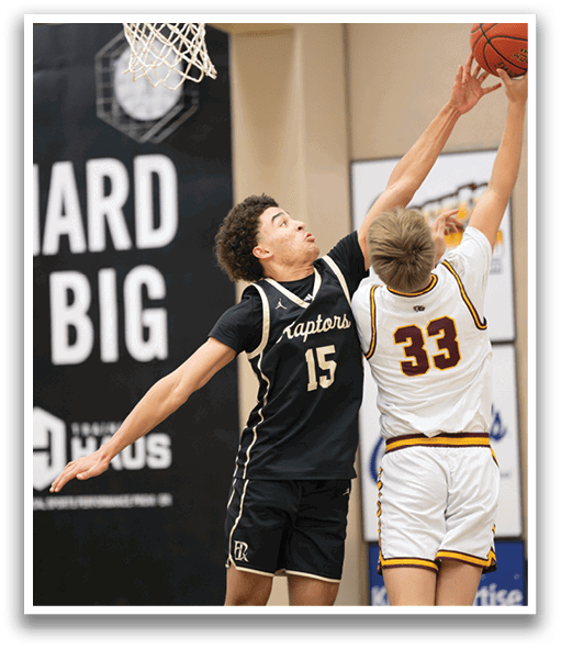 Two basketball players are fighting for a rebound, with one player reaching for the ball. AI generated content
