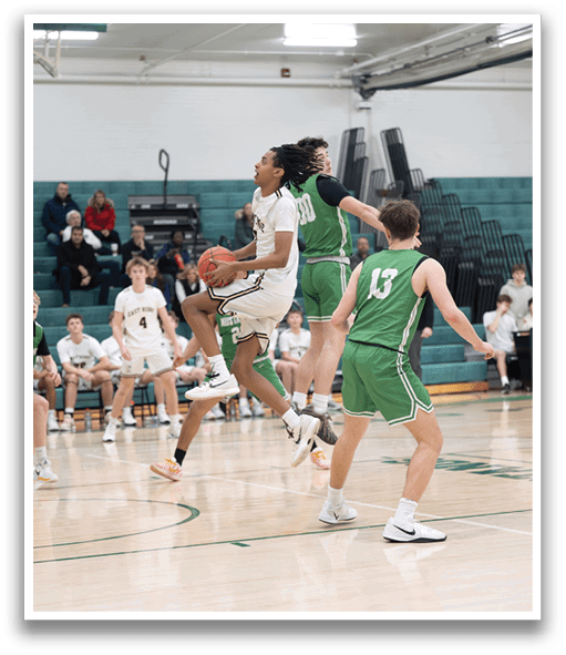 A basketball player is leaping in the air to catch a ball. AI generated content