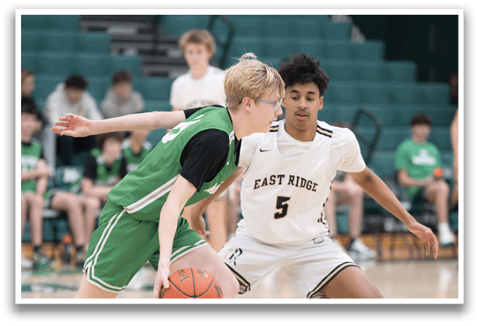 Two basketball players on a court, one with the number 5 on his jersey. AI generated content