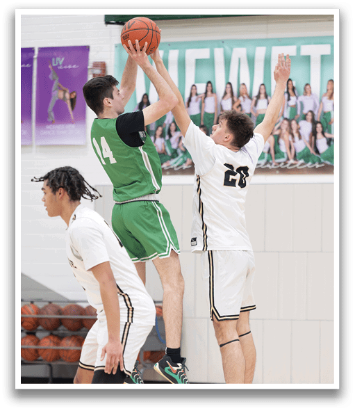 Two basketball players are fighting for a rebound, with one player jumping in the air to gain possession of the ball. AI generated content