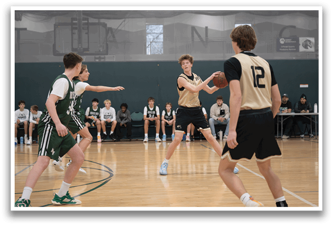 A group of young men playing basketball on a court. AI generated content