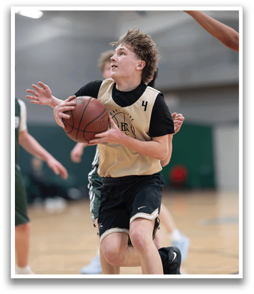 A basketball player wearing a black shirt and gold vest is holding a basketball. AI generated content