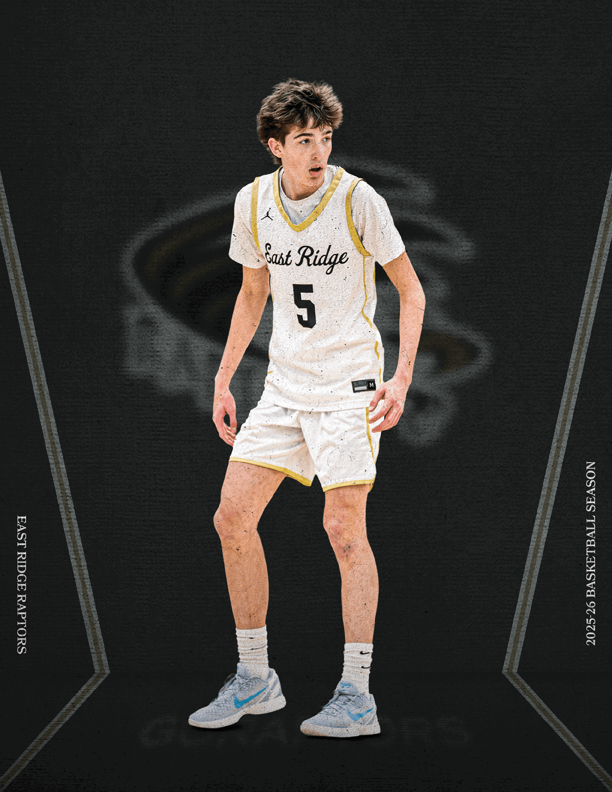 A man wearing a white jersey with the number 5 on it stands on a basketball court. AI generated content