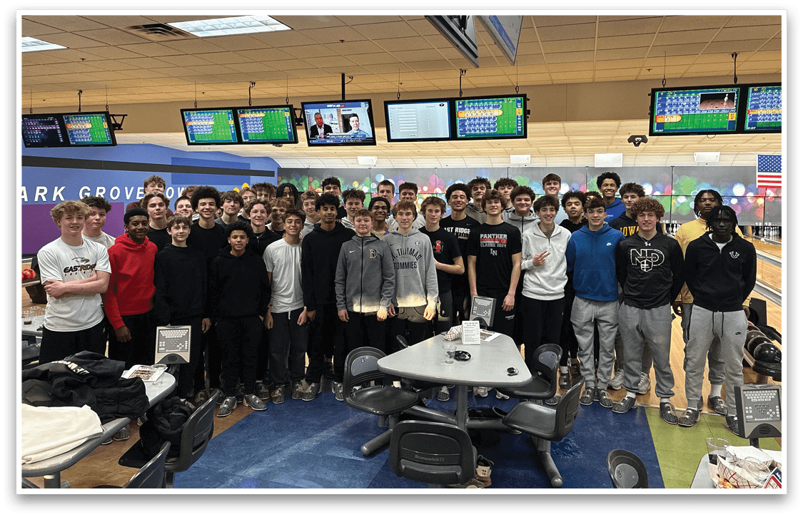 A group of young men and women are standing in a bowling alley, posing for a picture. AI generated content