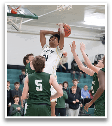 A basketball player leaps to block a shot, while other players look on. AI generated content
