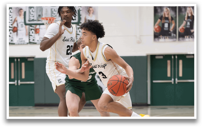 Two basketball players on a court, one with the ball and the other trying to block him. AI generated content