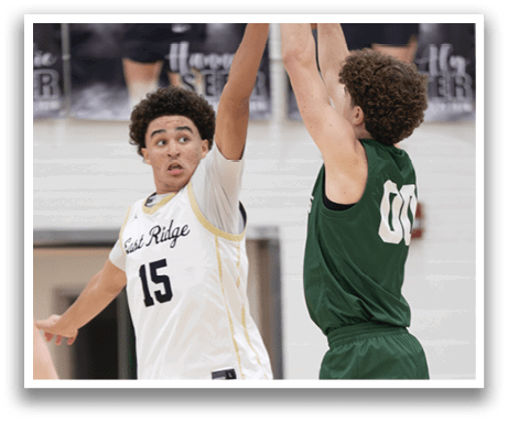 Two basketball players jumping for a rebound, one wearing a white jersey and the other wearing a green jersey. AI generated content