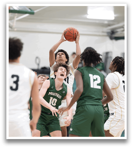 A group of basketball players are playing on a court. One player is jumping up to grab the basketball. AI generated content