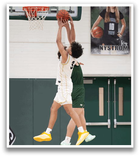 Two basketball players jumping for the ball, one wearing a green jersey and the other wearing a yellow jersey. AI generated content