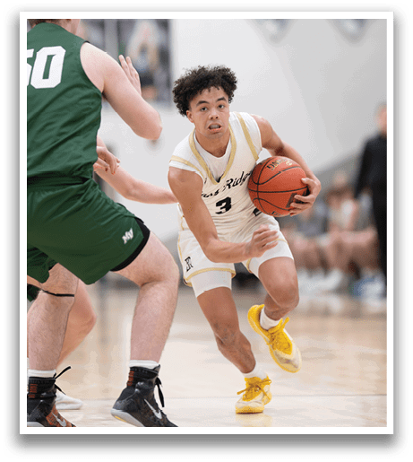A basketball player in a white uniform is holding a basketball while running on the court. AI generated content