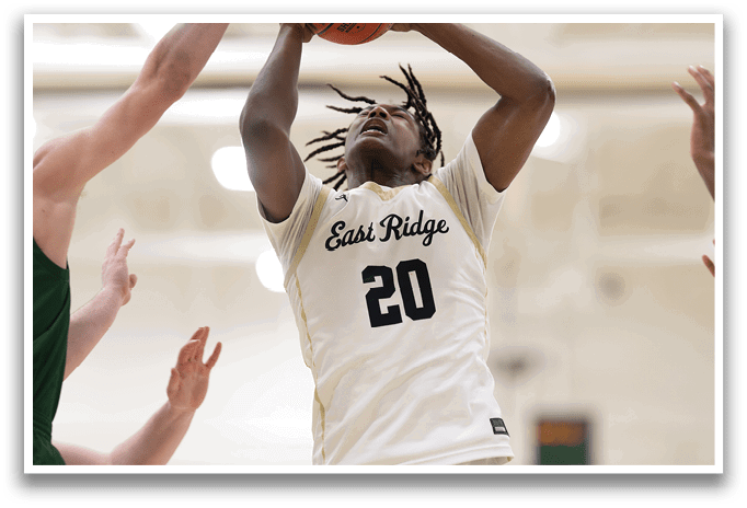 A basketball player wearing a white jersey with the number 20 on it is trying to block a shot. AI generated content
