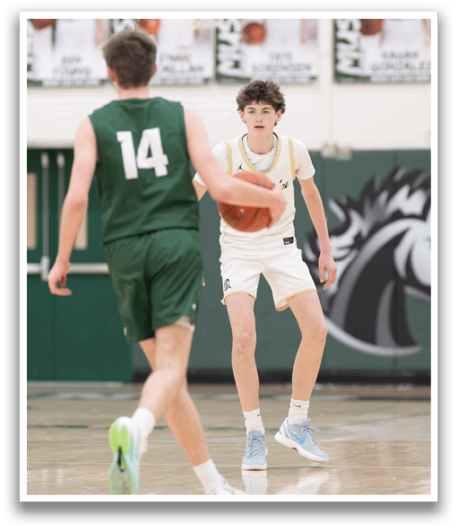 Two basketball players on a court, one with a green jersey and the other with a white jersey. AI generated content