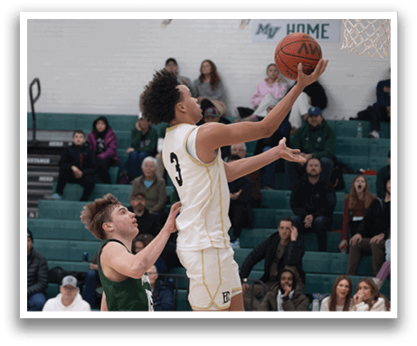 Two basketball players are playing in a game. One player is jumping to hit the ball while the other player is trying to block the shot. AI generated content
