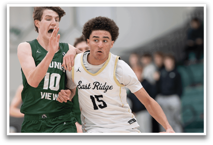 Two basketball players from different teams are running for the ball. AI generated content
