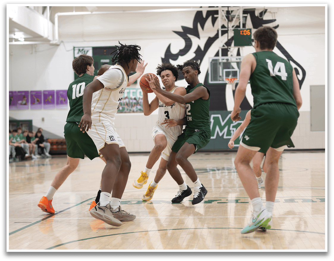 A group of basketball players on a court, one player is holding a basketball. AI generated content