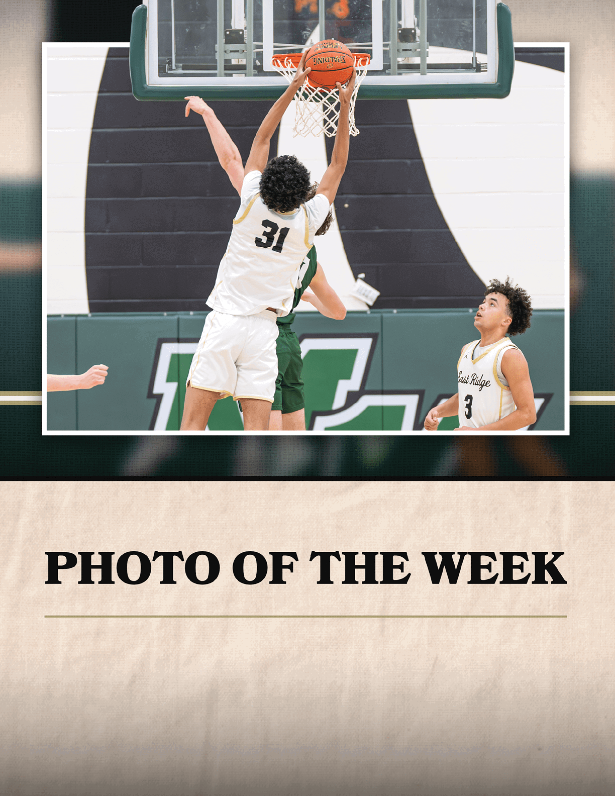 A basketball player is jumping to block a shot, while another player watches. AI generated content
