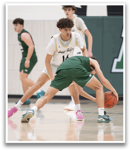 Two men playing basketball, one reaching for the ball. AI generated content