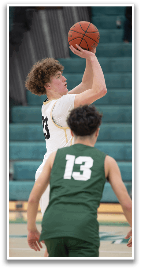 Two basketball players are on the court, one holding the ball and the other trying to block him. AI generated content