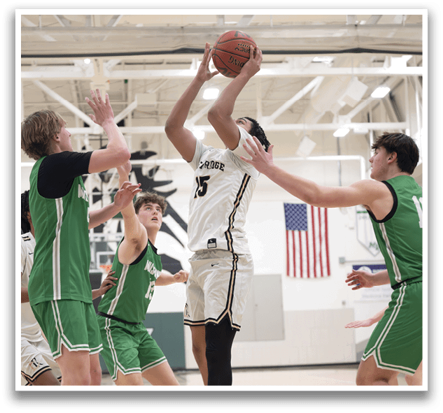Basketball players on a court, one player is jumping to shoot the ball. AI generated content