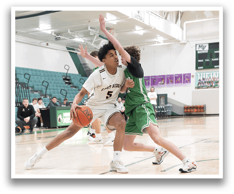 Two basketball players are competing for a rebound. AI generated content
