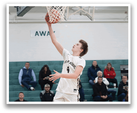 A basketball player is jumping in the air to catch a rebound. AI generated content