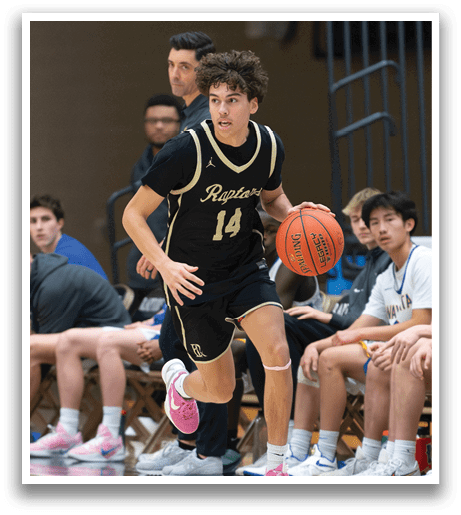 A basketball player wearing a black jersey with the number 14 on it is running with a basketball in his hand. AI generated content
