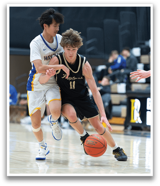 Two basketball players on a court, one with a basketball and the other trying to block him. AI generated content