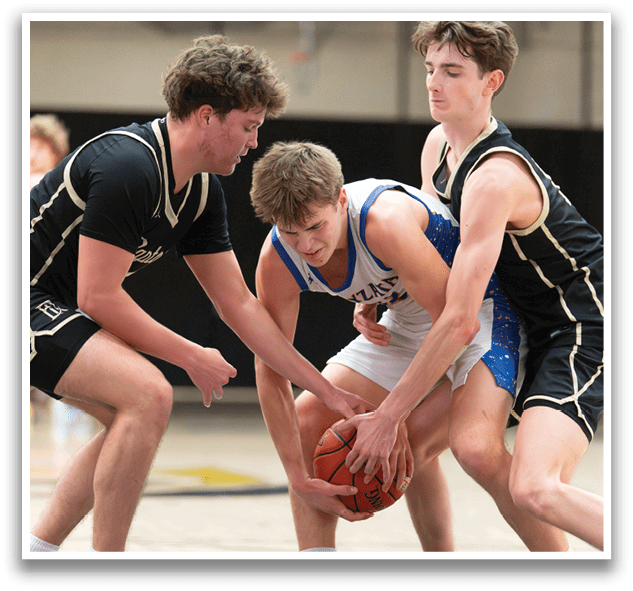 Three young men playing basketball, one holding a basketball, another trying to take it from him. AI generated content