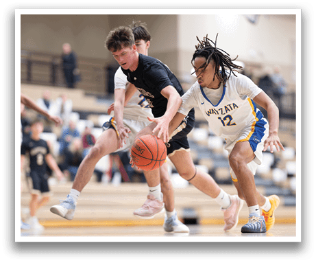 Two basketball players are running for the ball. One player is wearing a black shirt and the other is wearing a white shirt. The black shirt player is trying to get the ball from the white shirt player. AI generated content