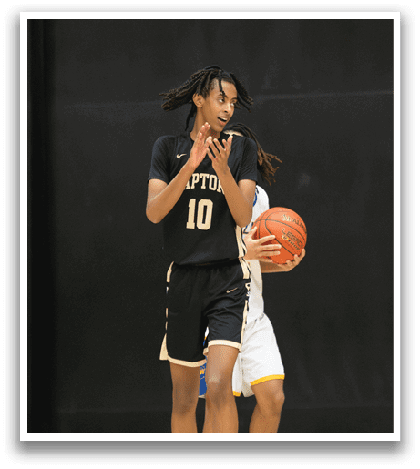 Two basketball players on the court, one holding a basketball. AI generated content