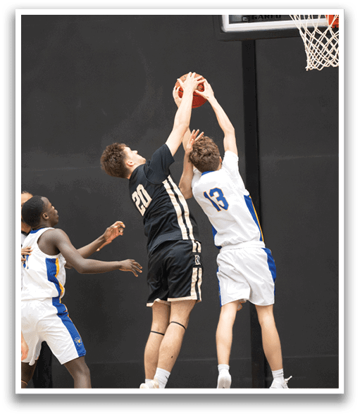 Two basketball players jumping for the ball, one with the number 13 on his jersey. AI generated content