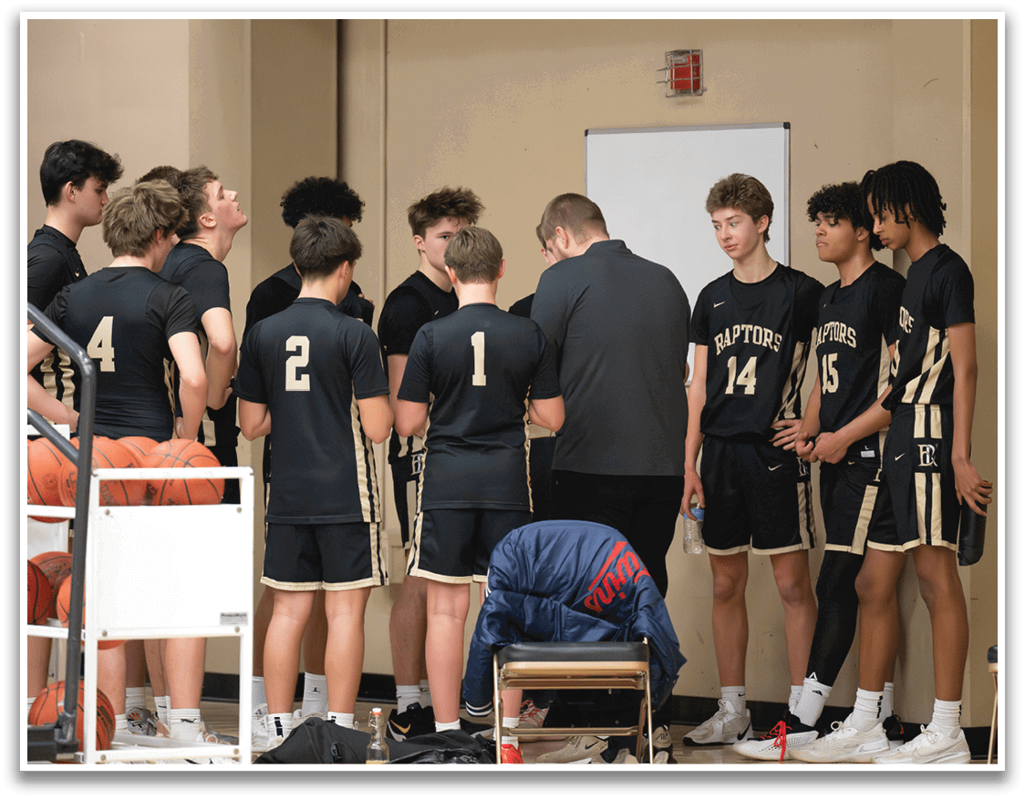 A group of young men wearing basketball uniforms are gathered around a coach, listening to instructions. AI generated content