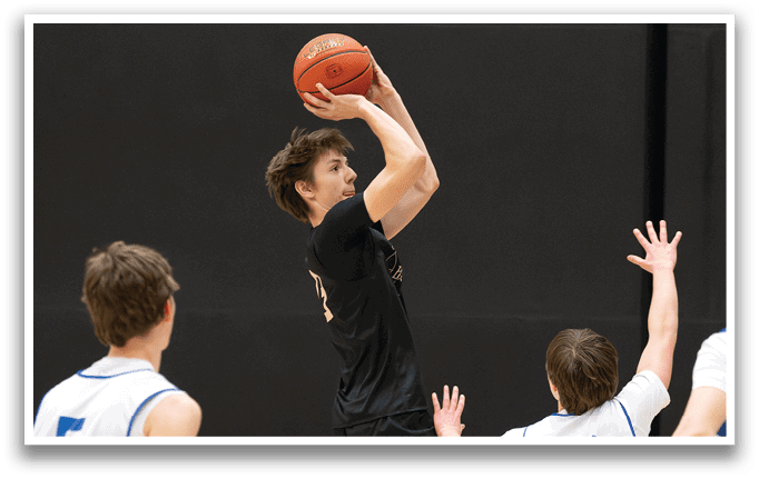 A basketball player jumps in the air to shoot the ball. AI generated content
