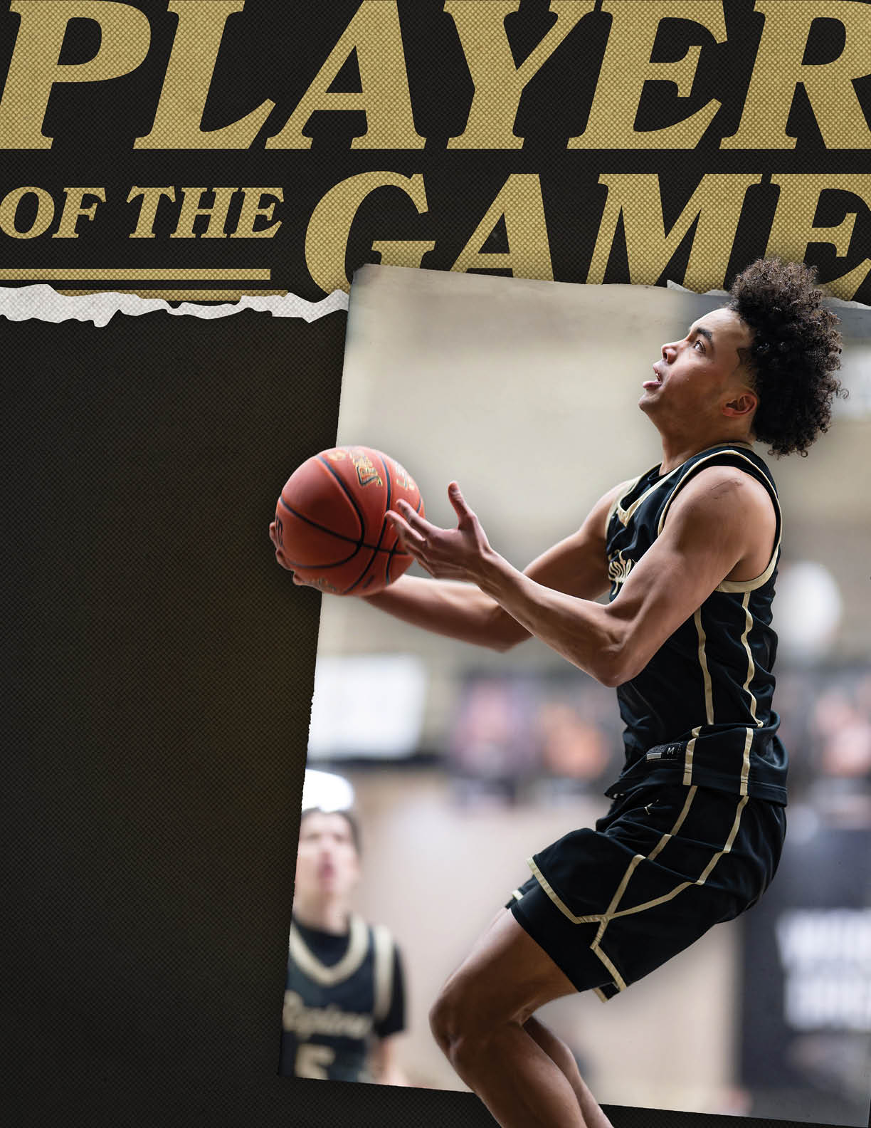 A basketball player in a black and gold uniform is jumping to catch a basketball. AI generated content