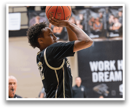 A basketball player is jumping to shoot the ball. AI generated content