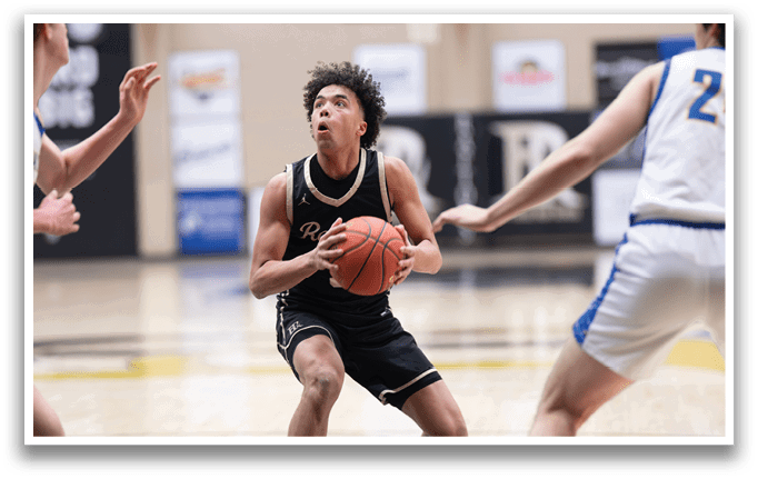 A basketball player is holding a basketball in front of two other players. AI generated content