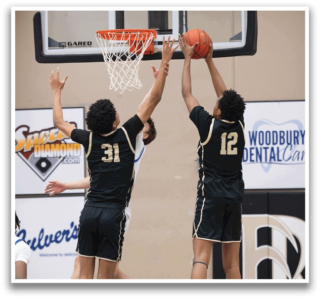 Two basketball players jumping for a rebound. AI generated content