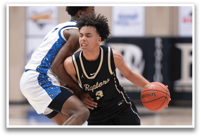 Two basketball players on a court, one holding a ball and the other trying to block him. AI generated content