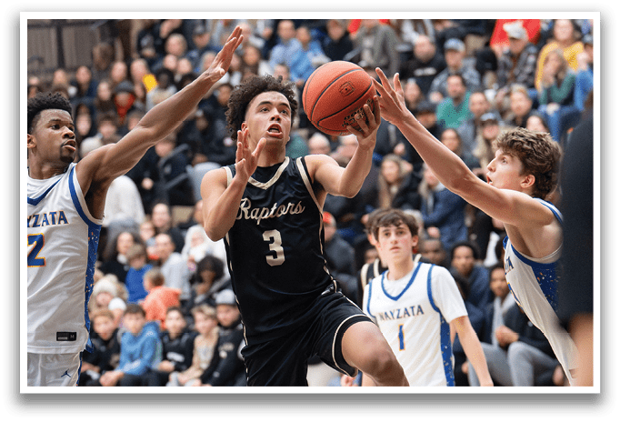A basketball player jumps to catch the ball while other players look on. AI generated content